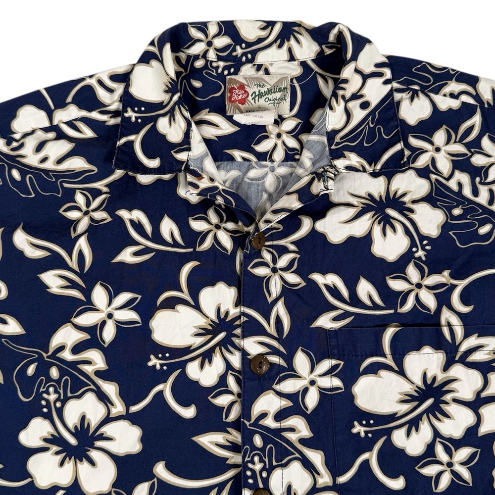 Hilo Hattie Shirt Mens‎ L Blue Hawaiian Aloha Tropical Made in Hawaii Button Up